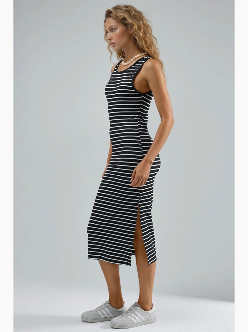 Vestido midi justo canelado às riscas com decote redondo hiccup Preto Branco - Kiabi