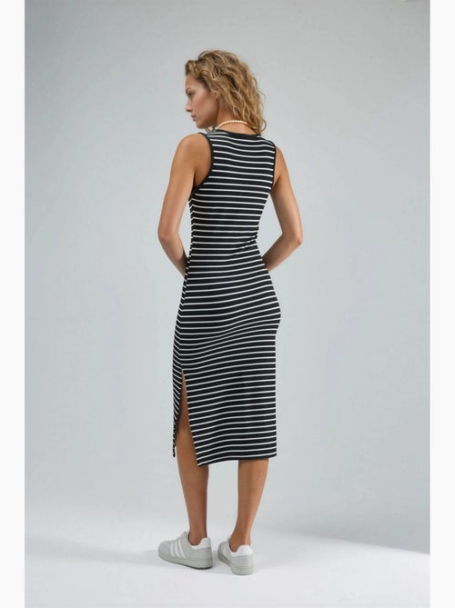 Vestido midi justo canelado às riscas com decote redondo hiccup - Kiabi Vestido midi justo canelado às riscas com decote redondo hiccup - Kiabi