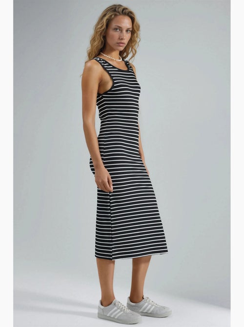 Vestido midi justo canelado às riscas com decote redondo hiccup - Kiabi Vestido midi justo canelado às riscas com decote redondo hiccup - Kiabi
