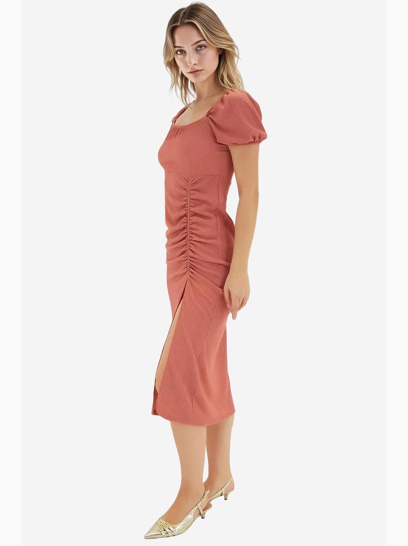 Vestido midi justo canelado com decote quadrado bdart Terracota - Kiabi