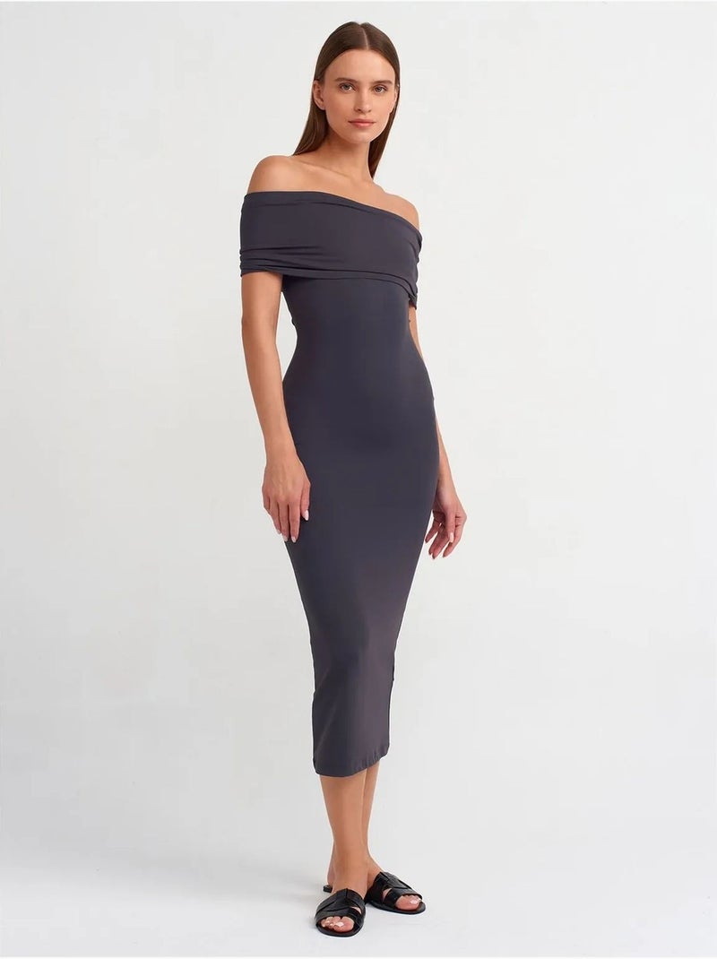 Vestido midi justo com decote barco dilvin Cinza escuro - Kiabi
