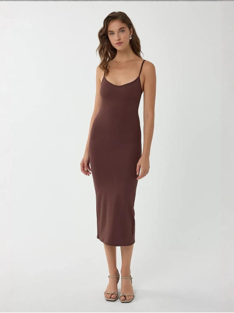 Vestido midi justo com decote em V e alças finas Castanho - Kiabi