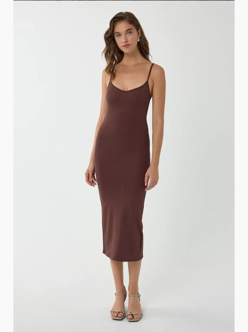 Vestido midi justo com decote em v e alças finas hiccup Castanho - Kiabi