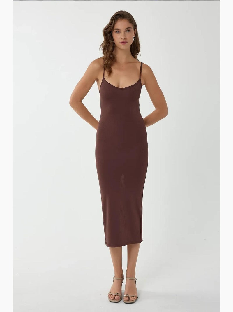 Vestido midi justo com decote em v e alças finas hiccup Castanho - Kiabi