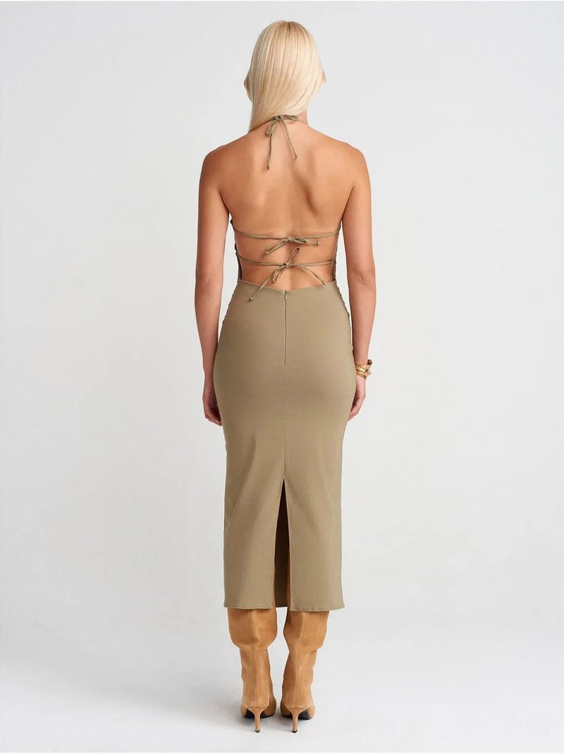 Vestido midi justo com decote halter dilvin Cáqui - Kiabi