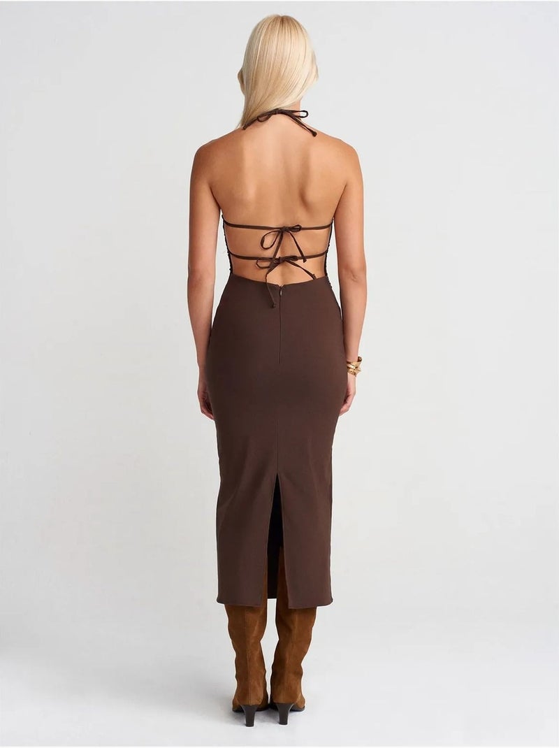 Vestido midi justo com decote halter dilvin Castanho-chocolate - Kiabi