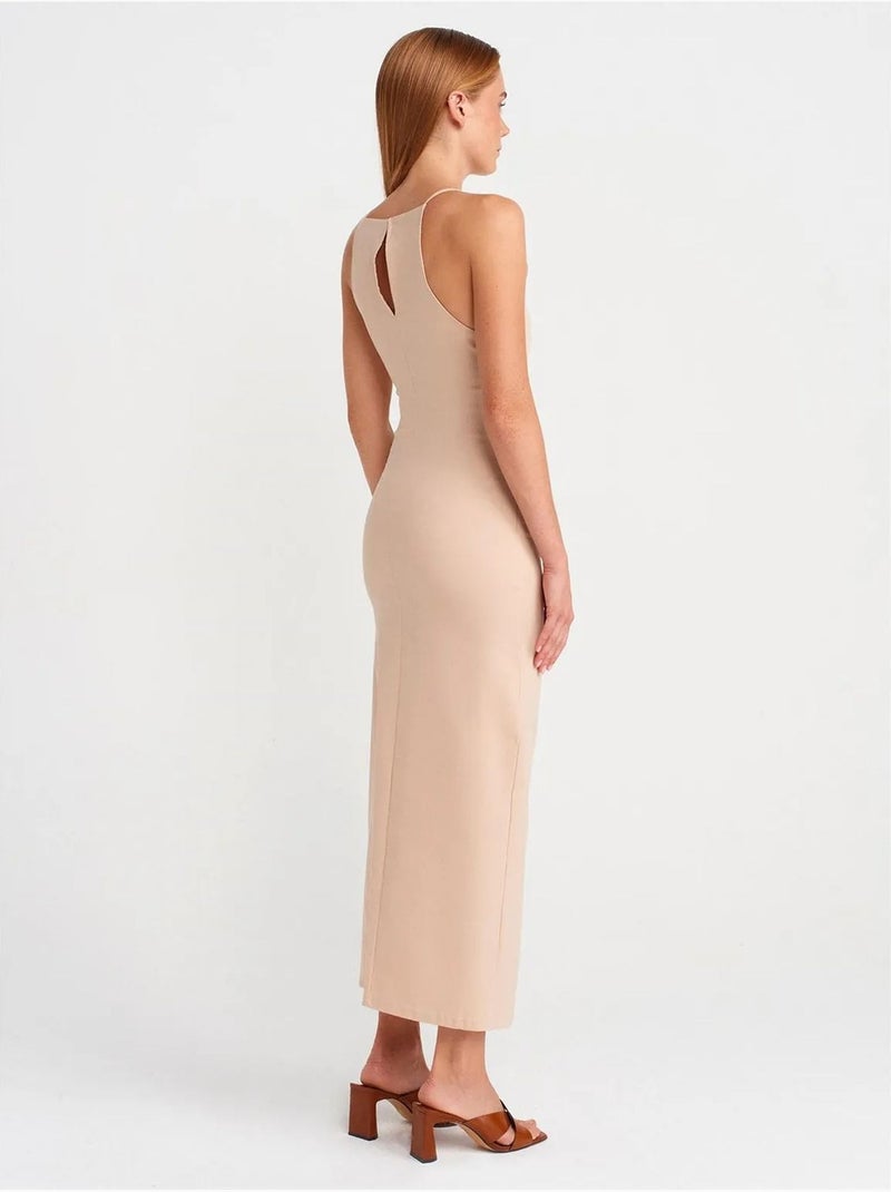 Vestido midi justo com decote halter e racha dilvin Bege-argila - Kiabi