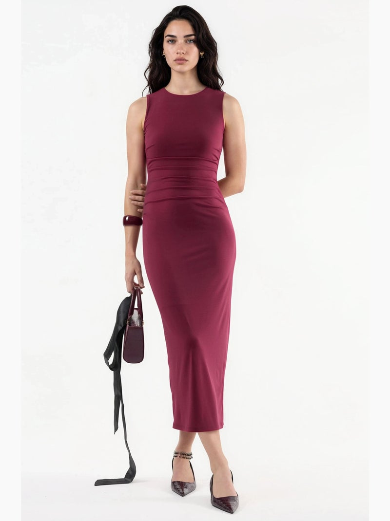 Vestido midi justo com detalhe drapeado e gola redonda hiccup Vermelho bordô - Kiabi