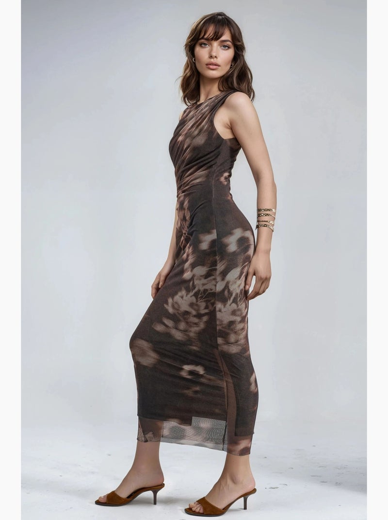 Vestido midi justo com padrão abstrato busem Castanho - Kiabi