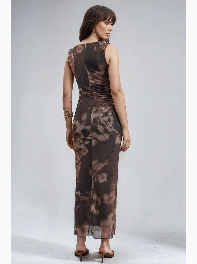Vestido midi justo com padrão abstrato busem Castanho - Kiabi