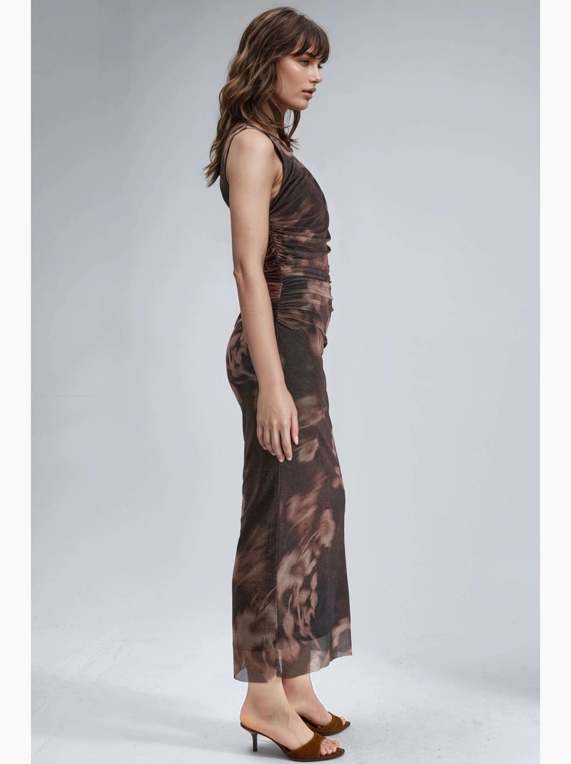 Vestido midi justo com padrão abstrato busem Castanho - Kiabi