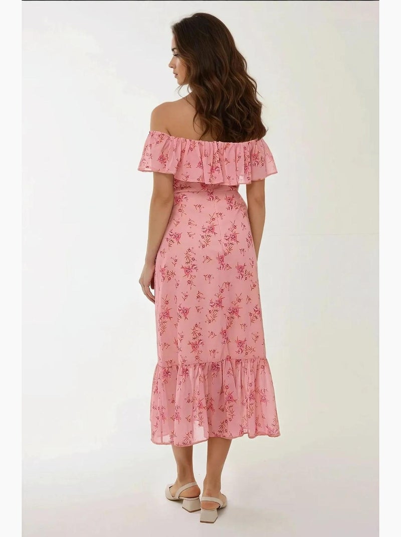 Vestido midi justo com padrão floral e ombros descobertos hiccup Rosa - Kiabi