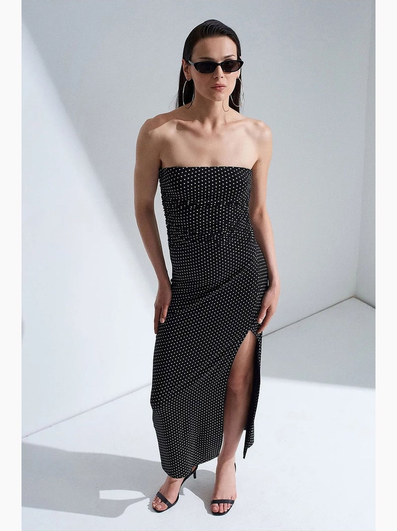 Vestido midi justo de bolinhas sem alças dilvin Preto - Kiabi