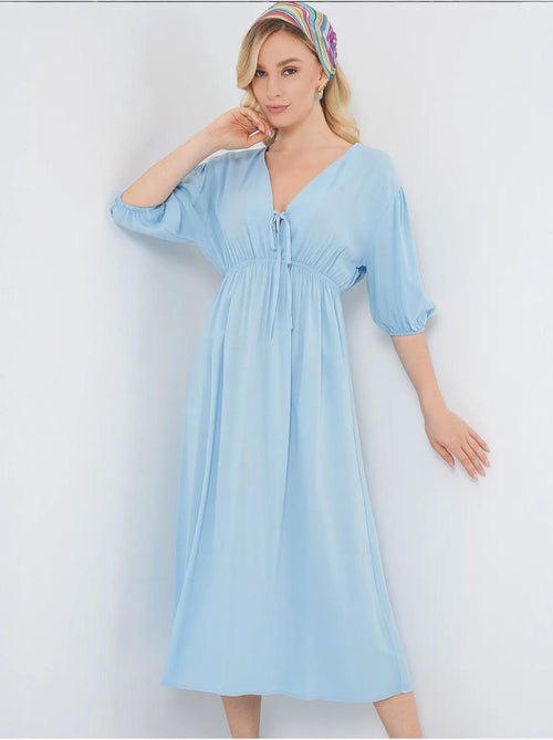 Vestido midi justo em a com decote em v e detalhe de vivo bdart - Kiabi Vestido midi justo em a com decote em v e detalhe de vivo bdart - Kiabi