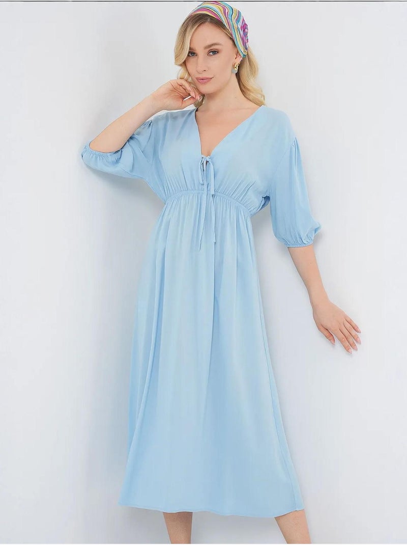 Vestido midi justo em a com decote em v e detalhe de vivo bdart Azul claro - Kiabi