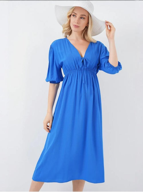 Vestido midi justo em a com decote em v e detalhe de vivo bdart - Kiabi Vestido midi justo em a com decote em v e detalhe de vivo bdart - Kiabi