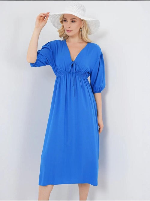 Vestido midi justo em a com decote em v e detalhe de vivo bdart - Kiabi Vestido midi justo em a com decote em v e detalhe de vivo bdart - Kiabi