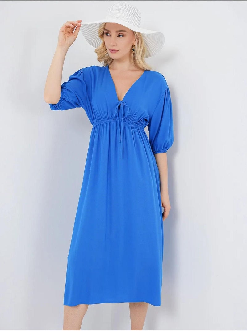 Vestido midi justo em a com decote em v e detalhe de vivo bdart Azul-elétrico - Kiabi