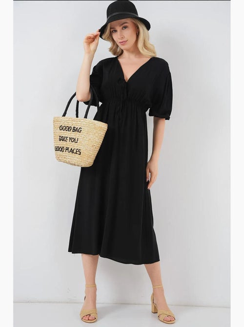 Vestido midi justo em a com decote em v e detalhe de vivo bdart - Kiabi Vestido midi justo em a com decote em v e detalhe de vivo bdart - Kiabi