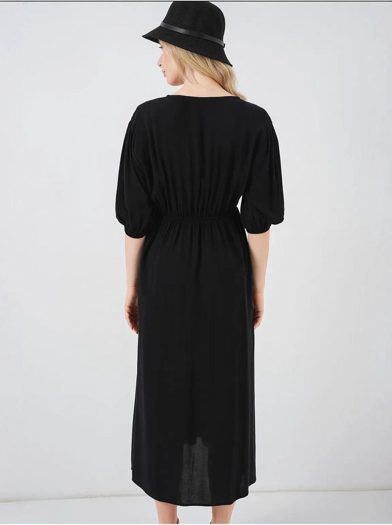 Vestido midi justo em a com decote em v e detalhe de vivo bdart Preto - Kiabi