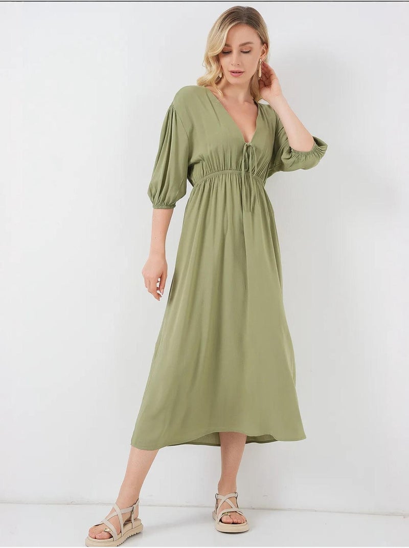 Vestido midi justo em a com decote em v e detalhe de vivo bdart Verde escuro - Kiabi