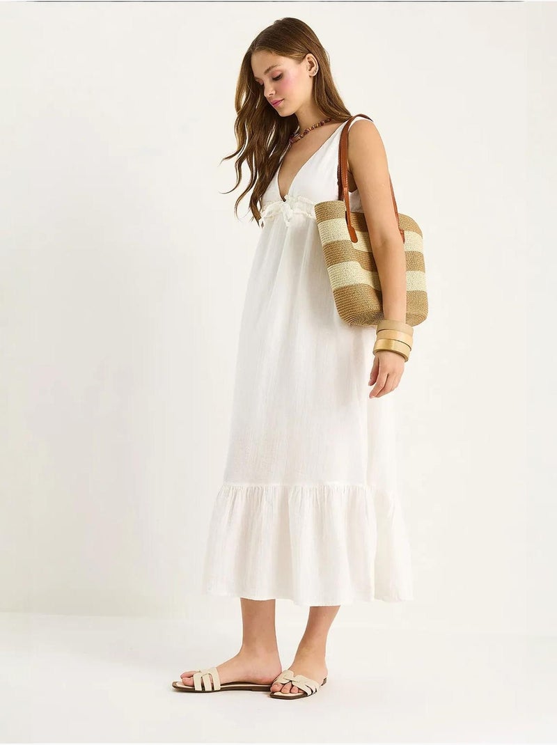 Vestido midi justo em linha a com decote em v e detalhe de debrum lucci Branco - Kiabi