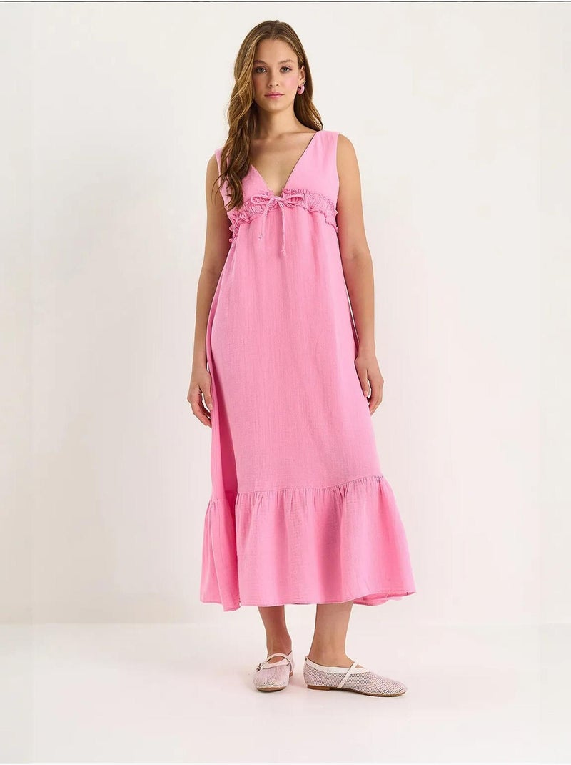 Vestido midi justo em linha a com decote em v e detalhe de debrum lucci Rosa-fluo/Solinotes - Kiabi