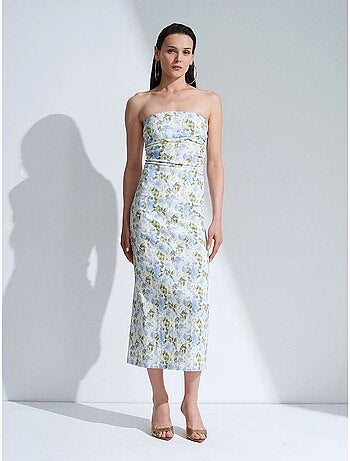 Vestido midi justo floral sem alças dilvin