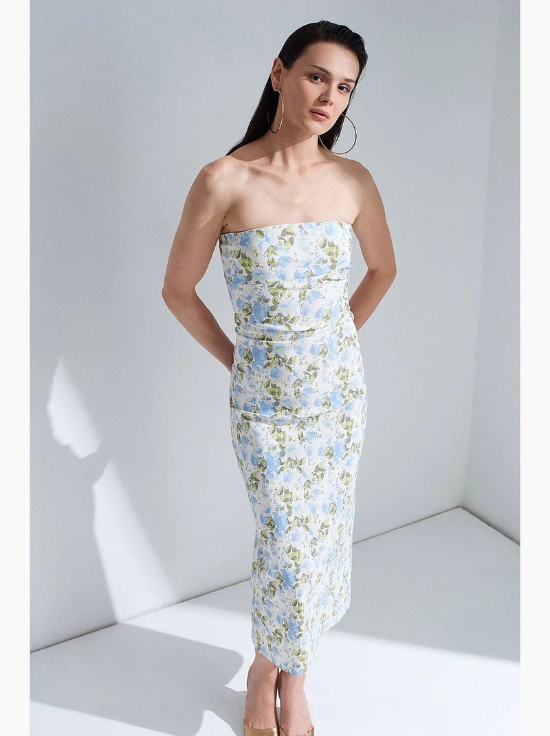 Vestido midi justo floral sem alças dilvin Azul-céu - Kiabi