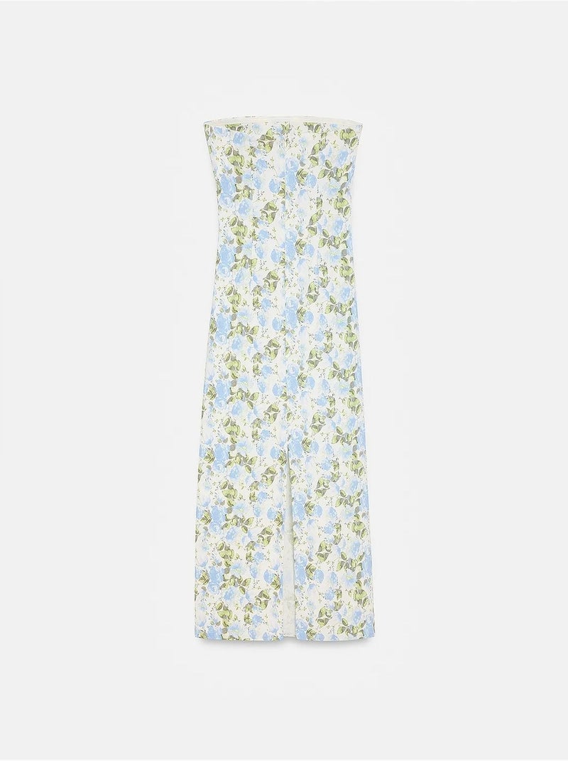 Vestido midi justo floral sem alças dilvin Azul-céu - Kiabi