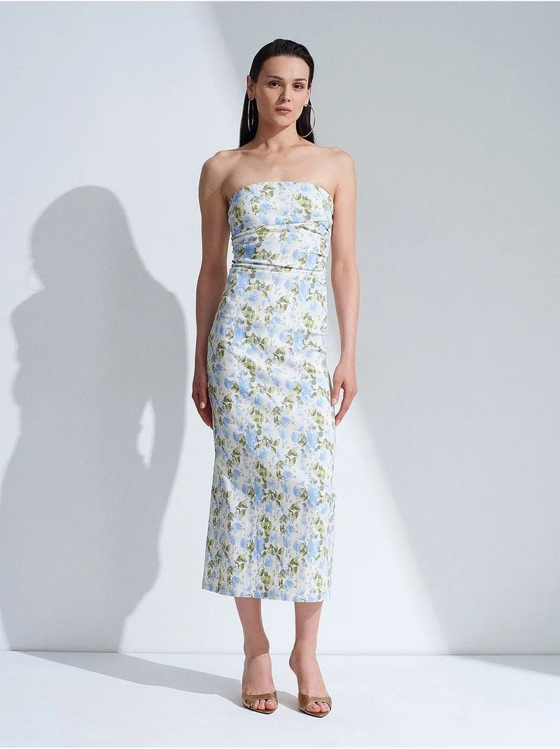 Vestido midi justo floral sem alças dilvin Azul-céu - Kiabi