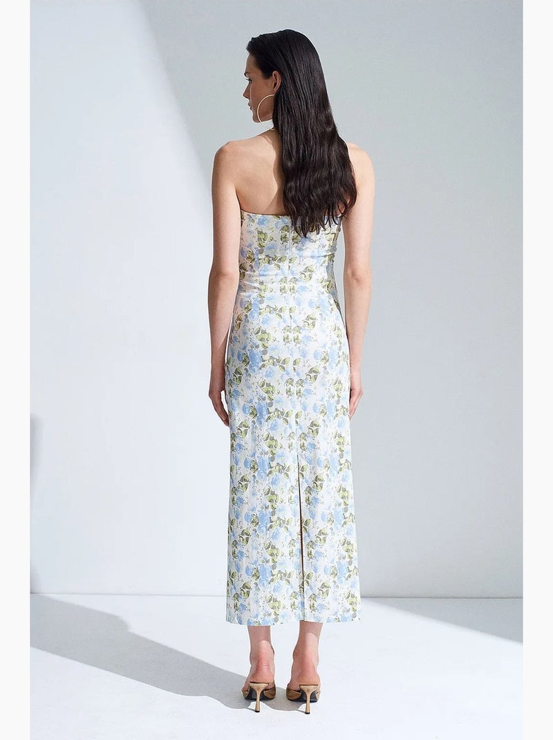 Vestido midi justo floral sem alças dilvin Azul-céu - Kiabi
