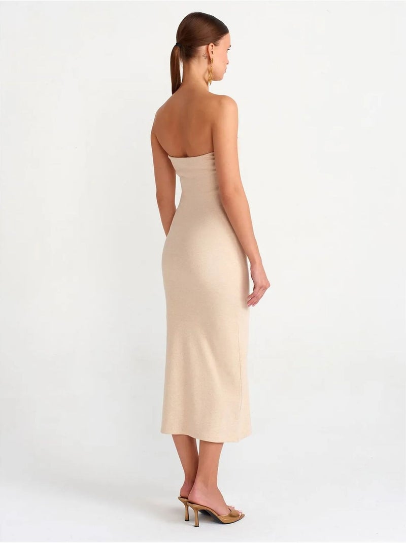 Vestido midi justo sem alças dilvin Bege-argila - Kiabi
