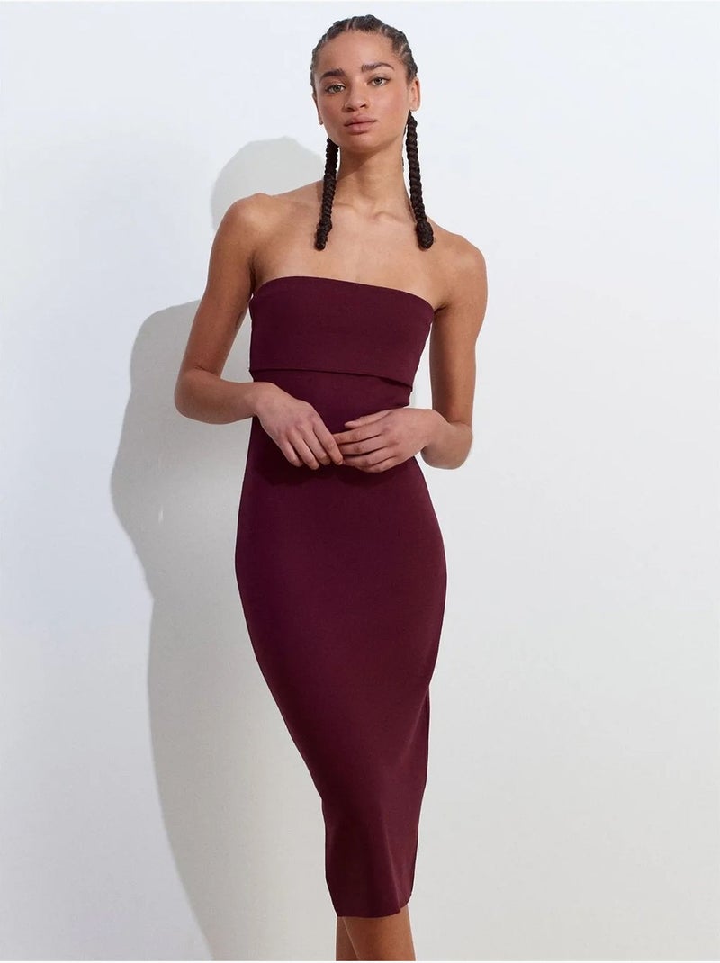 Vestido midi justo sem alças dilvin Vermelho bordô - Kiabi