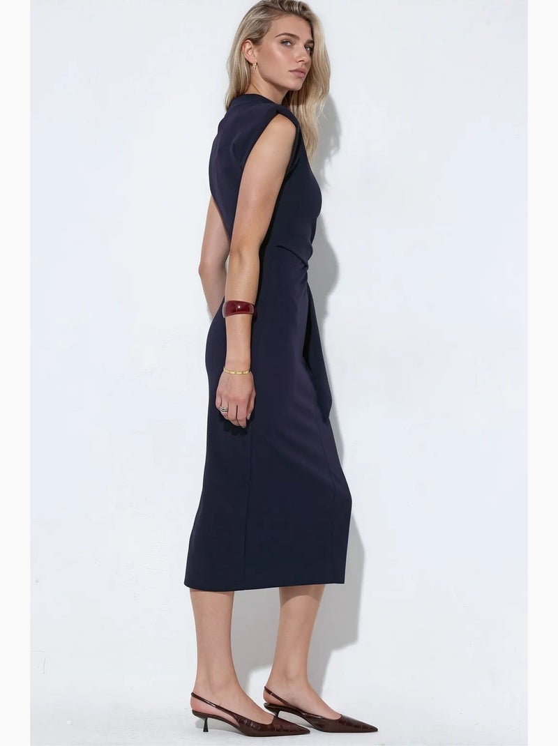 Vestido midi justo sem mangas com detalhe de atar busem Azul-marinho - Kiabi