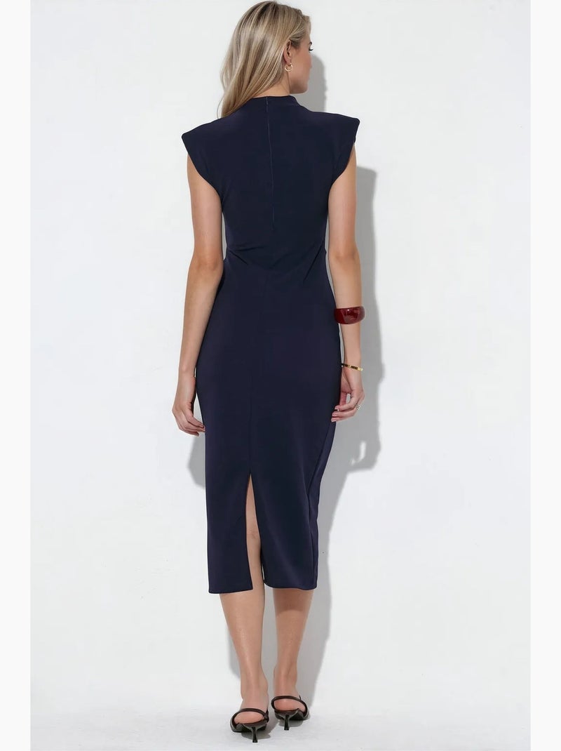 Vestido midi justo sem mangas com detalhe de atar busem Azul-marinho - Kiabi