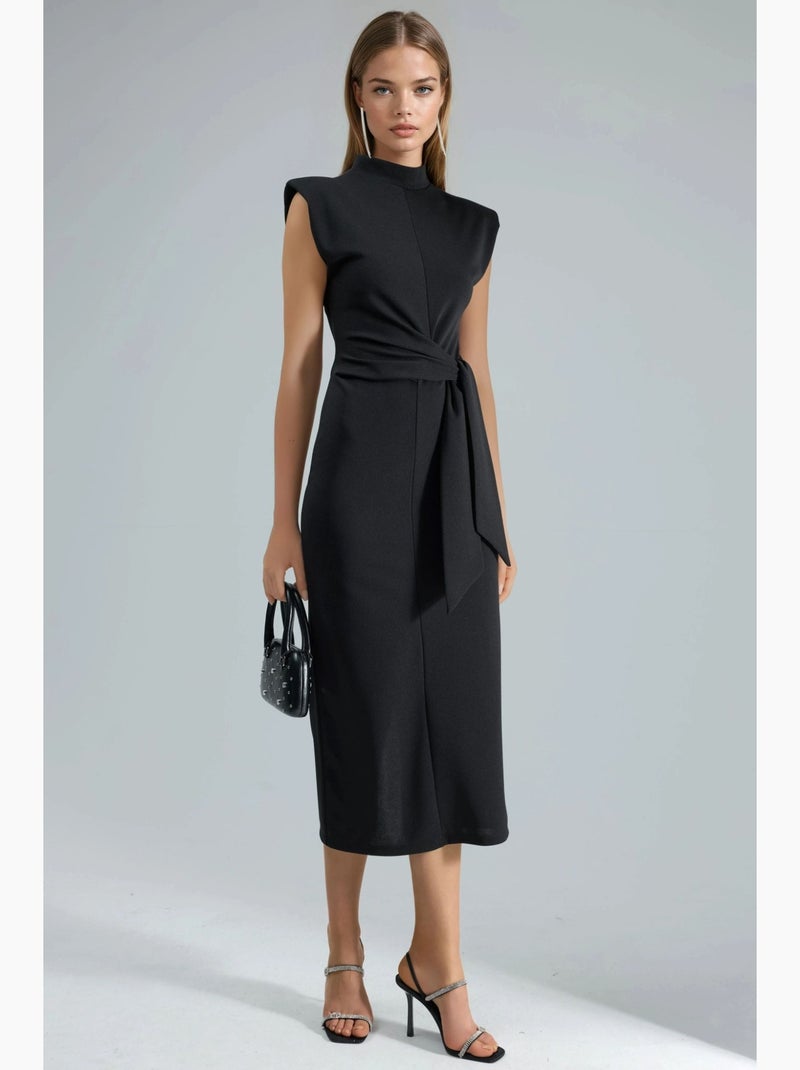 Vestido midi justo sem mangas com detalhe de atar busem Preto - Kiabi