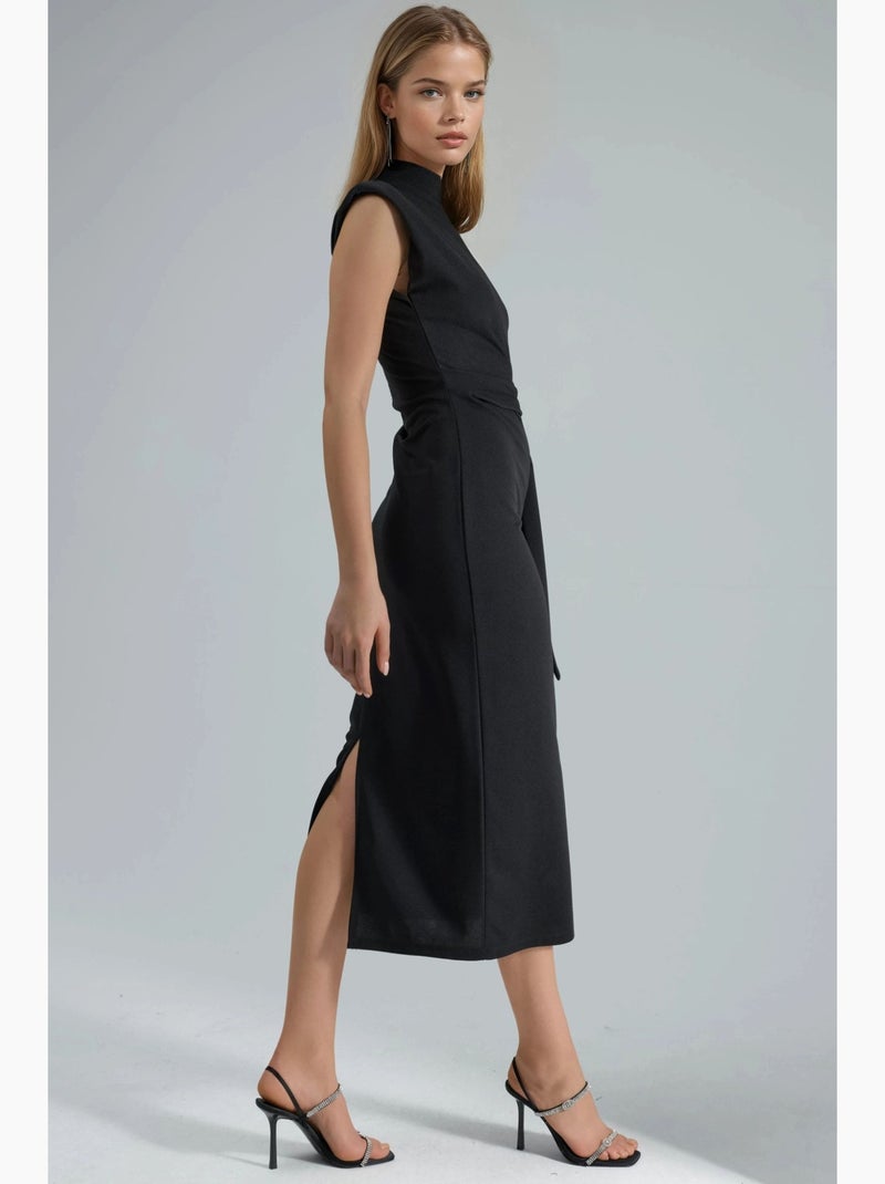 Vestido midi justo sem mangas com detalhe de atar busem Preto - Kiabi