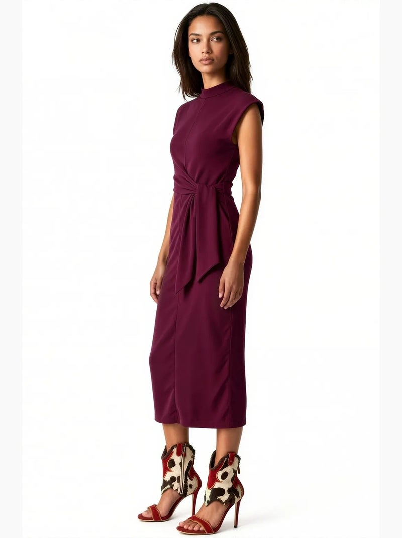 Vestido midi justo sem mangas com detalhe de atar busem Vermelho bordô - Kiabi