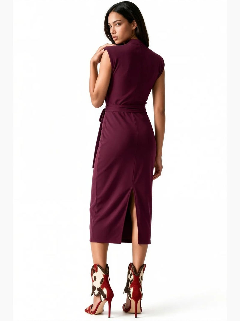 Vestido midi justo sem mangas com detalhe de atar busem Vermelho bordô - Kiabi