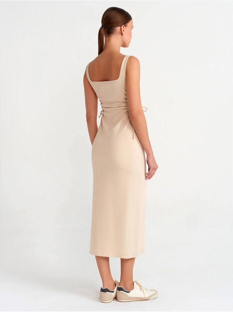 Vestido midi justo sem mangas com recorte dilvin Bege-argila - Kiabi