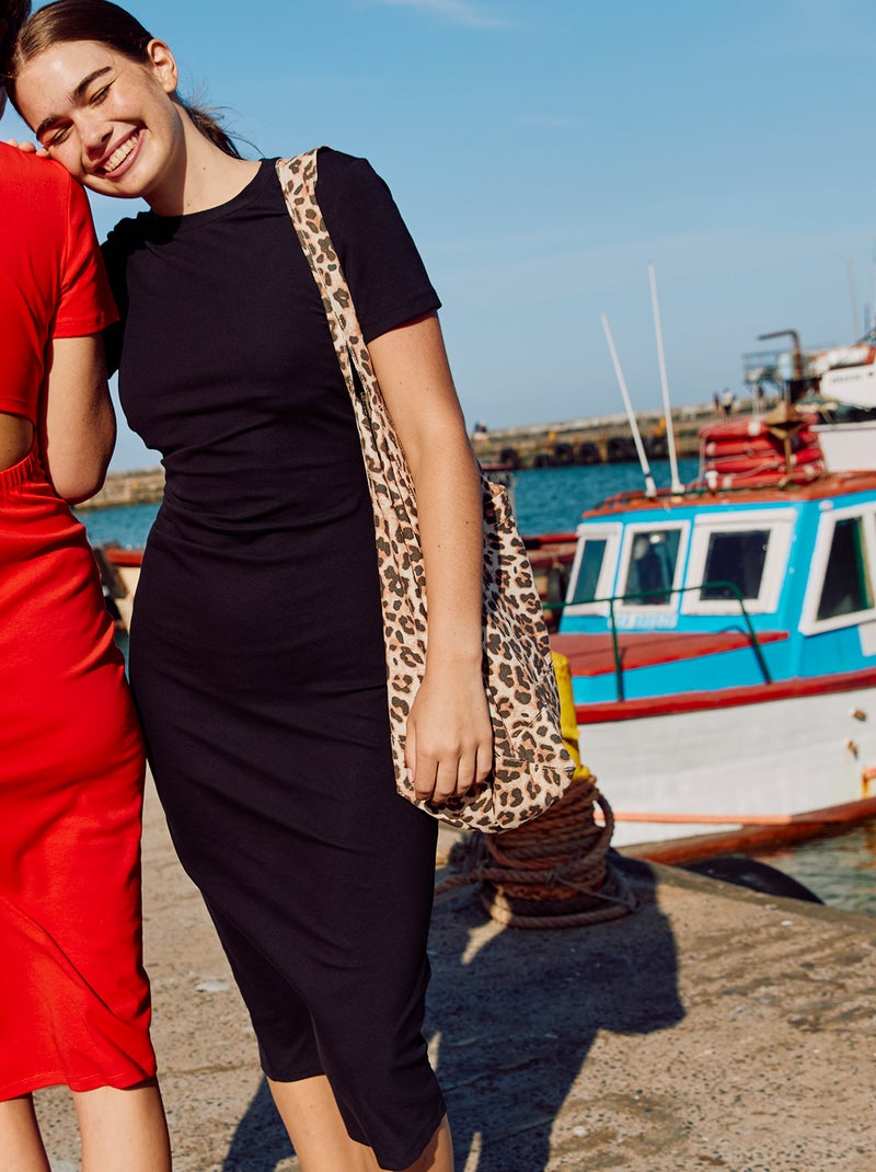 Vestido midi liso aberto atrás Preto - Kiabi