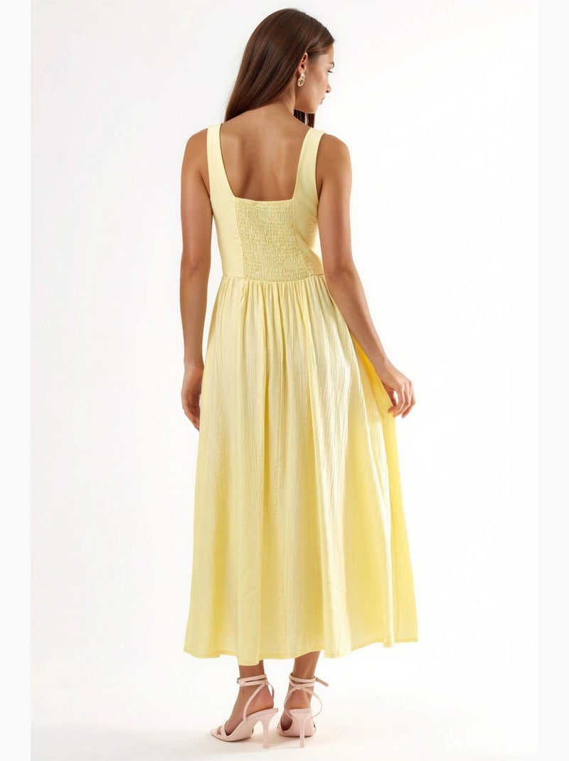 Vestido midi liso com decote quadrado busem Amarelo-limão - Kiabi