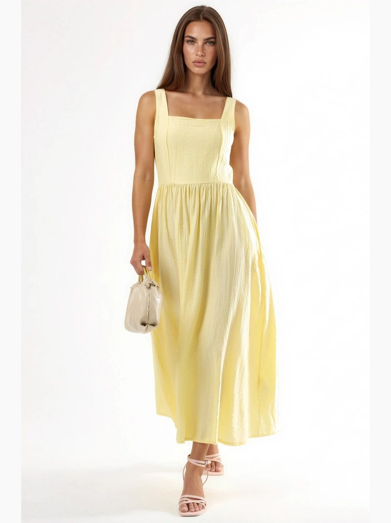 Vestido midi liso com decote quadrado busem Amarelo-limão - Kiabi