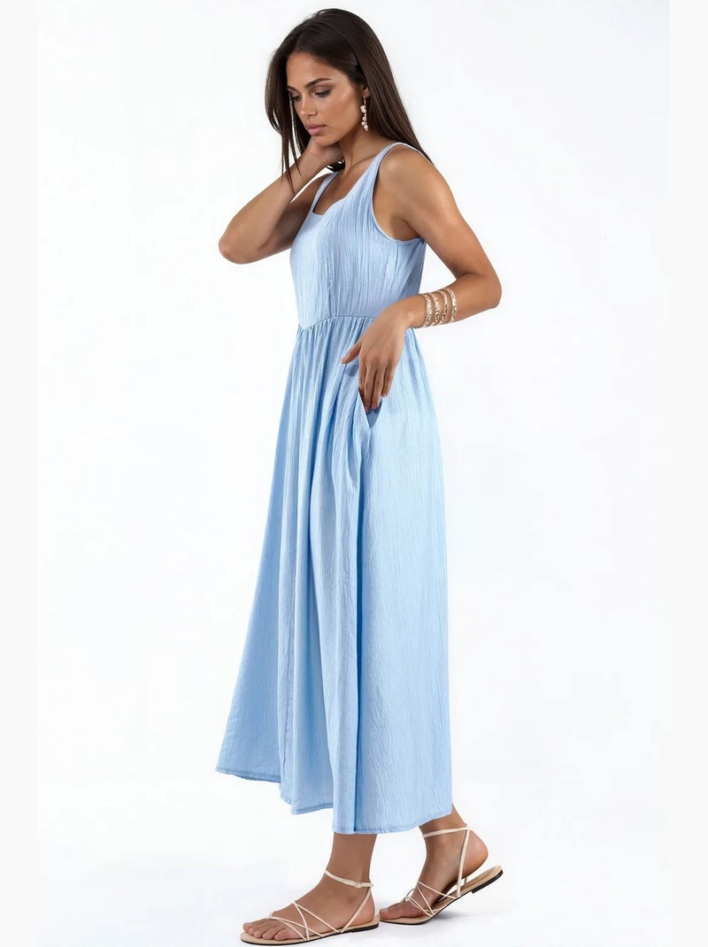 Vestido midi liso com decote quadrado busem Azul-céu - Kiabi