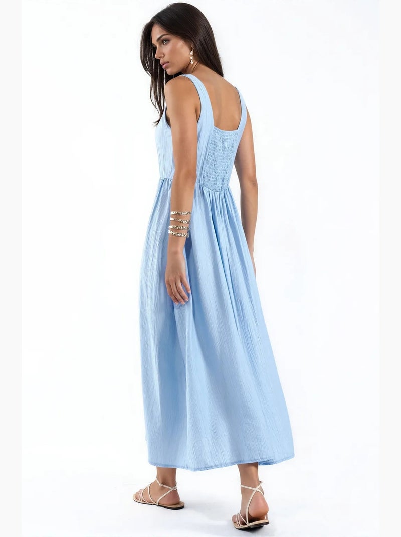Vestido midi liso com decote quadrado busem Azul-céu - Kiabi