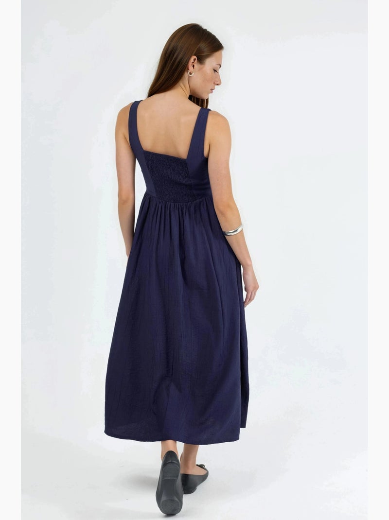 Vestido midi liso com decote quadrado busem Azul-marinho - Kiabi