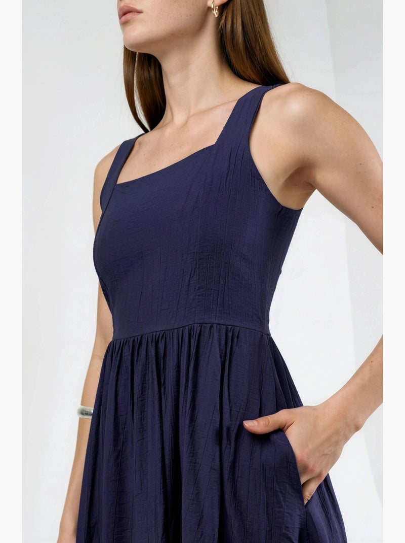 Vestido midi liso com decote quadrado busem Azul-marinho - Kiabi