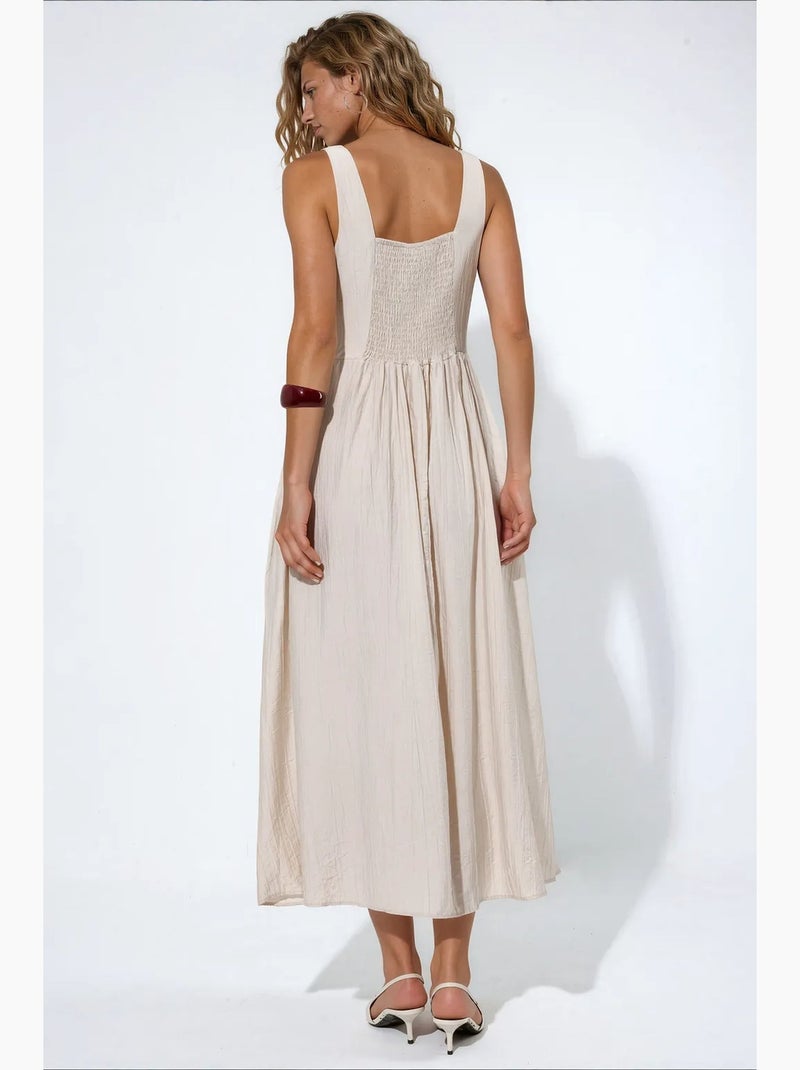 Vestido midi liso com decote quadrado busem Bege-argila - Kiabi