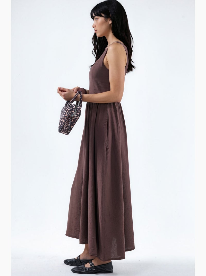 Vestido midi liso com decote quadrado busem Castanho-escuro - Kiabi